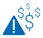 A warning sign with an exclamation mark next to three dollar signs, suggesting caution about money, such as issues with invoicing or other financial concerns.