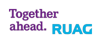 Purple text reads Together ahead. next to blue text RUAG, showcasing the RUAG brand on a clean white background.