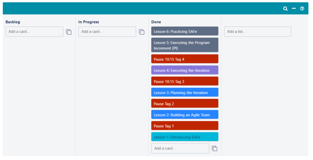 During the four training days, the progress of the tasks is recorded on a Kanban board in order to continuously track the work flow (as recommended by SAFe).