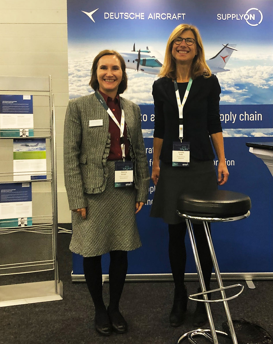 Patricia Ferrari, Head of Deutsche Aircraft Purchasing (left) visited the SupplyOn booth