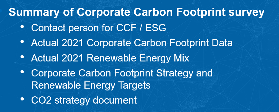 These and more topics are included in the Corporate Carbon Footprint Readiness Survey.