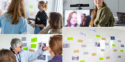 Schüler und Lehrer arbeiten in einem Klassenzimmer zusammen, diskutieren Ideen und platzieren Notizen und Fotos auf einem Whiteboard. Im Hintergrund ist auf einem Monitor ein Videoanruf sichtbar.