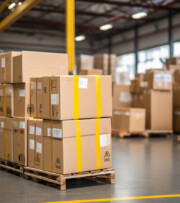 Stacks of cardboard boxes with shipping labels are placed on wooden pallets in a warehouse with high ceilings and yellow support beams.