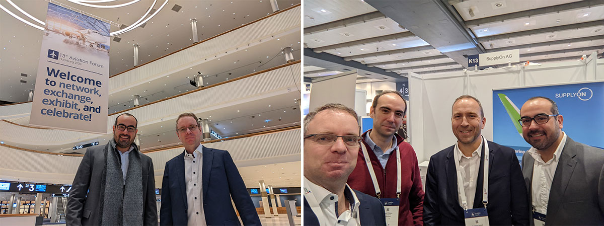 Austausch und Netzwerken waren ein wichtiger Teil des Aviation Forum 2023. Rechtes Bild, von links nach rechts: Eric Baudot (SupplyOn), Rodolphe Pericat und Laurent Philippe (beide BoostAerospace), Jorge Alvarado (SupplyOn)