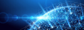 Digital illustration of a globe with interconnected lines and dots, representing global connectivity and data networks, on a blue background with light effects.