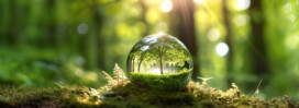 A glass sphere on a mossy forest floor reflects sunlit trees and greenery, with sunlight streaming through the background.