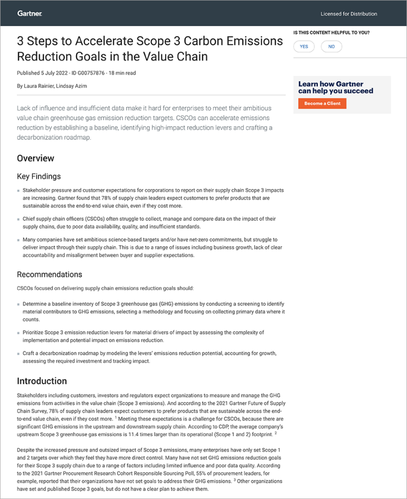 Screenshot of a Gartner article titled 3 Steps to Accelerate Scope 3 Carbon Emissions Reduction Goals in the Value Chain, with key findings and recommendations listed.