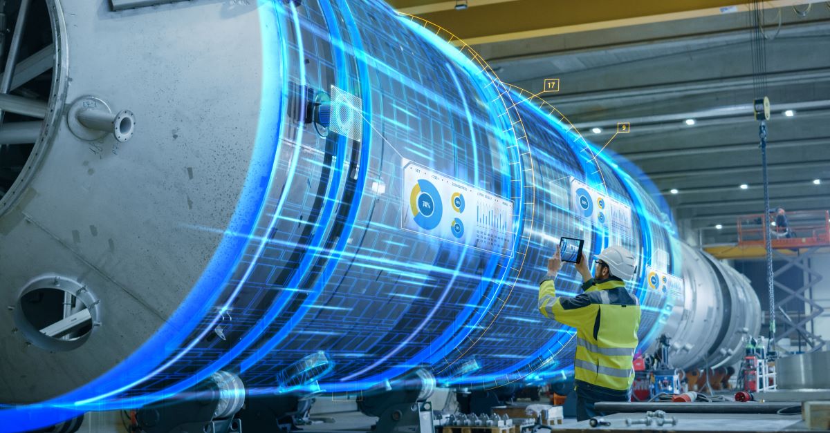 Industrial engineer uses augmented reality digital tablet