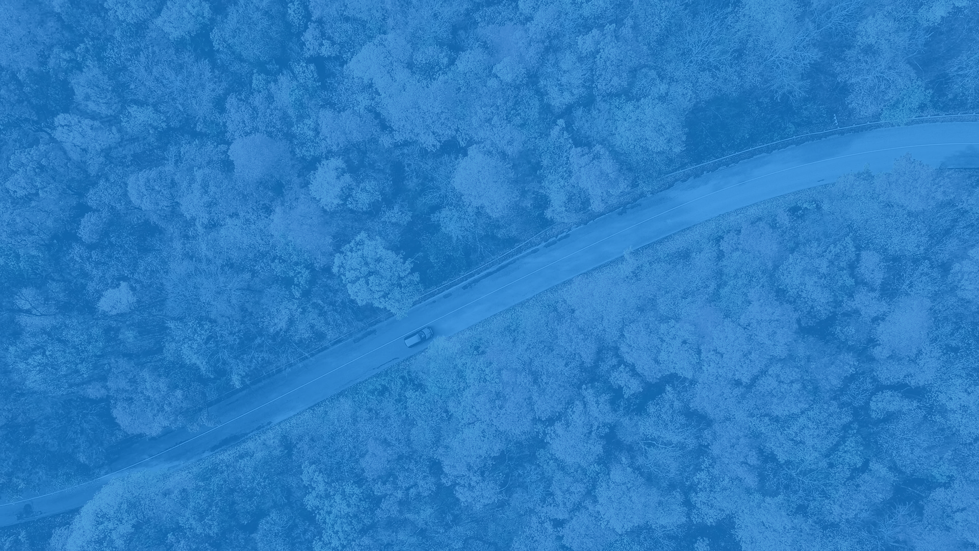A car drives along a winding road surrounded by dense forest, viewed from above. Highlighting reducing carbon emissions in the supply chain, the image has a blue tint.