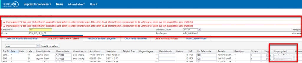 Eine Softwareschnittstelle zeigt eine rot hervorgehobene Embargo-Warnmeldung auf Deutsch an, wobei verschiedene Datenfelder, Dropdown-Menüs und Navigationsoptionen auf dem Bildschirm sichtbar sind.