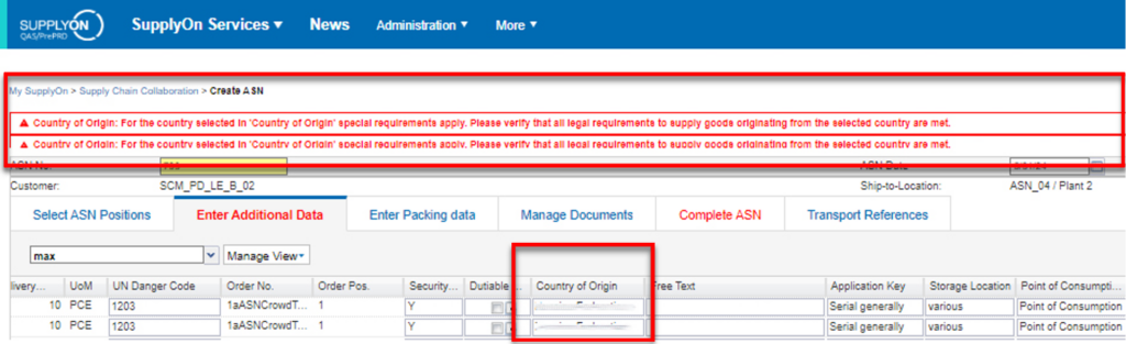 Screenshot of the SupplyOn Services ASN creation page, featuring warnings about Country of Origin requirements and embargoes highlighted at the top, with the related data field boxed in the table below.