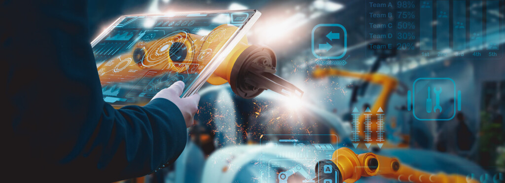 A person operates a robotic arm using a transparent digital touchscreen interface in an advanced industrial setting with data overlays, ensuring seamless parts traceability throughout the process.