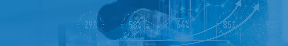 A person points at a transparent screen displaying S&OP circular percentage graphs and upward-trending data charts, all overlaid on a blue background.
