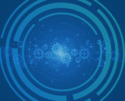 Abstract blue background with overlapping circular patterns and interconnected gears, symbolizing technology, innovation, and digital processes.