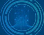 Abstract digital background with binary code streams and glowing blue data lines, surrounded by concentric circular shapes on a blue backdrop.