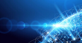 Abstract digital illustration of a glowing blue network with interconnected lines and nodes on the right, set against a dark blue background with light flares.