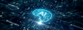 Digital illustration of a glowing brain labeled AI on a futuristic circuit board background, symbolizing artificial intelligence and advanced technology.
