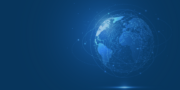 Digital illustration of the Earth on a blue background with glowing lines and dots representing global connections and networks.
