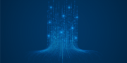 Abstract digital illustration of blue lines and glowing dots flowing downward on a dark blue background, representing data streams or information flow.