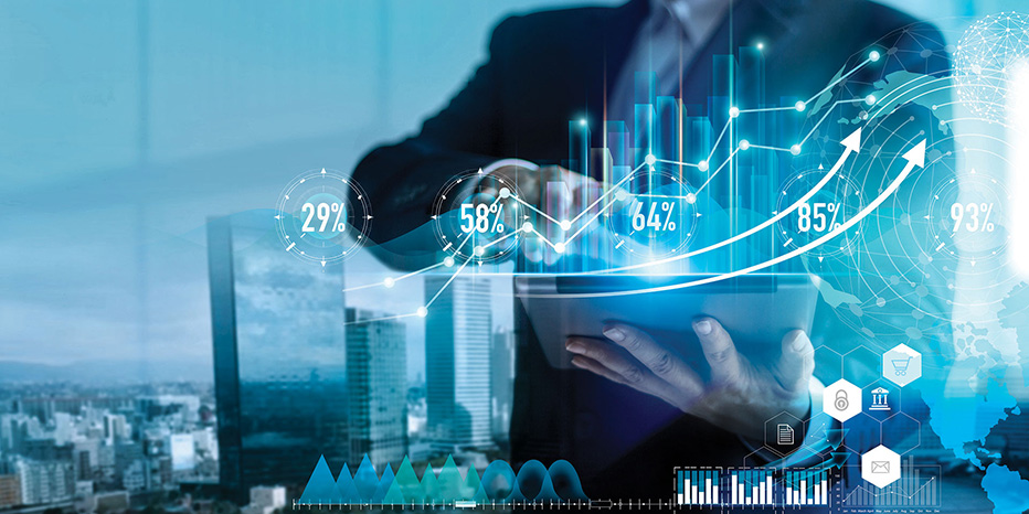 Businessperson using a tablet with digital graphs, charts, and percentage figures overlaying a cityscape, representing data analysis and financial growth in MRO operations.