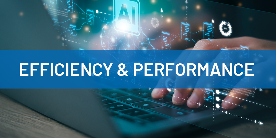 Hands typing on a laptop keyboard with digital graphics overlay, featuring the words EFFICIENCY & PERFORMANCE in bold white text on a blue background.