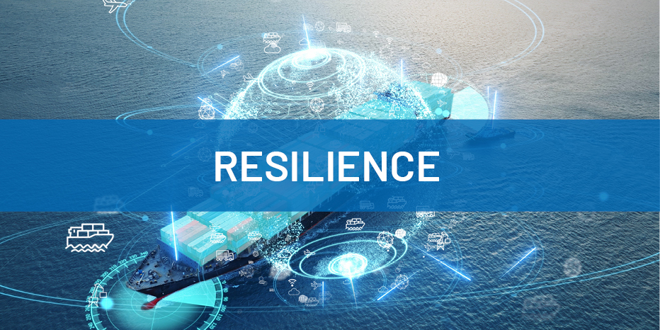 A cargo ship on the ocean with digital graphics overlay and the word RESILIENCE displayed prominently across the image.