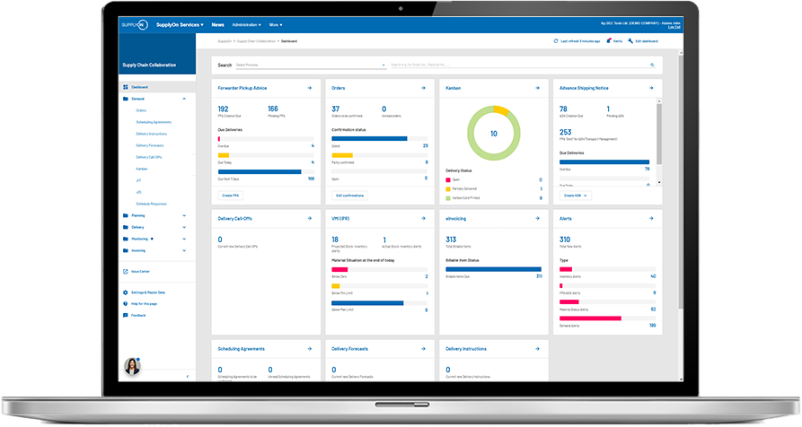 Laptop screen displaying a Supply Chain Collaboration Demo dashboard with various charts, graphs, and summary statistics organized in panels.