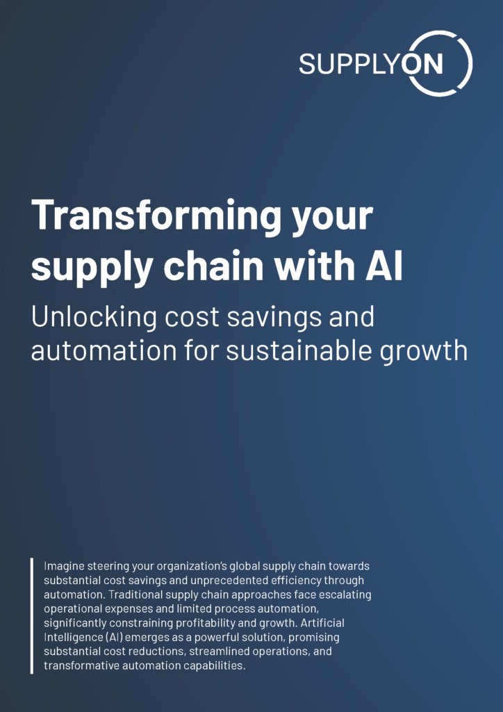 A promotional poster for SUPPLYON highlighting AI-driven supply chain transformation, cost savings, automation, and sustainable growth, with a brief description of AI benefits at the bottom.