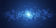 A digital illustration of interconnected gears and circuit lines on a blue background, representing technology and machinery integration.