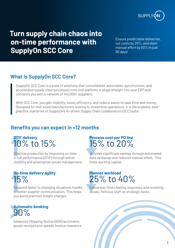 A business brochure page describes SupplyOn SCC Core, highlighting benefits like improved on-time delivery, faster PO processing, and cost reduction for midsize manufacturers.