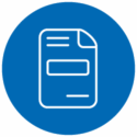 White line drawing of a document with text lines inside a blue circle, representing a file or paperwork icon.