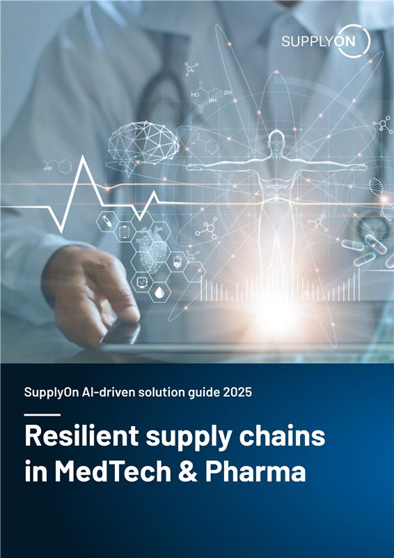 A doctor in a lab coat interacts with digital medical and data graphics. Text reads: Resilient supply chains in MedTech & Pharma. SupplyOn AI-driven solution guide 2025.