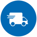 White delivery truck icon with motion lines on a solid blue circular background.
