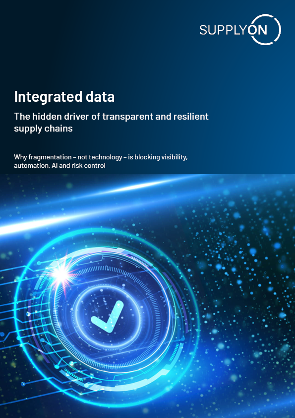 A digital checkmark icon with circuit-like blue lights, illustrating integrated data in supply chains, alongside the SupplyOn logo and related text on a blue background.