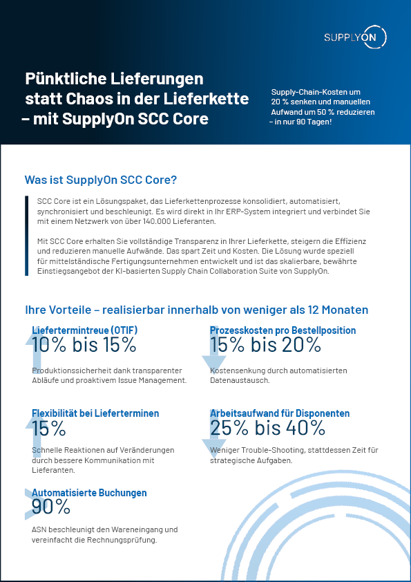 A German-language infographic outlines the benefits and features of SupplyOn SCC Core for streamlined supply chain management, highlighting improved transparency and efficiency.