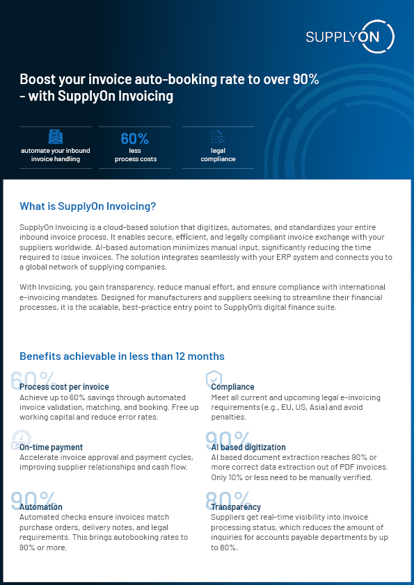 A business brochure about SupplyOn Invoicing highlights its benefits, such as increased auto-posting rates, cost savings, error reduction, legal compliance, and faster payment cycles.