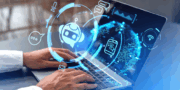 Person typing on a laptop with digital graphics representing artificial intelligence, chatbots, and cloud computing superimposed over the screen.