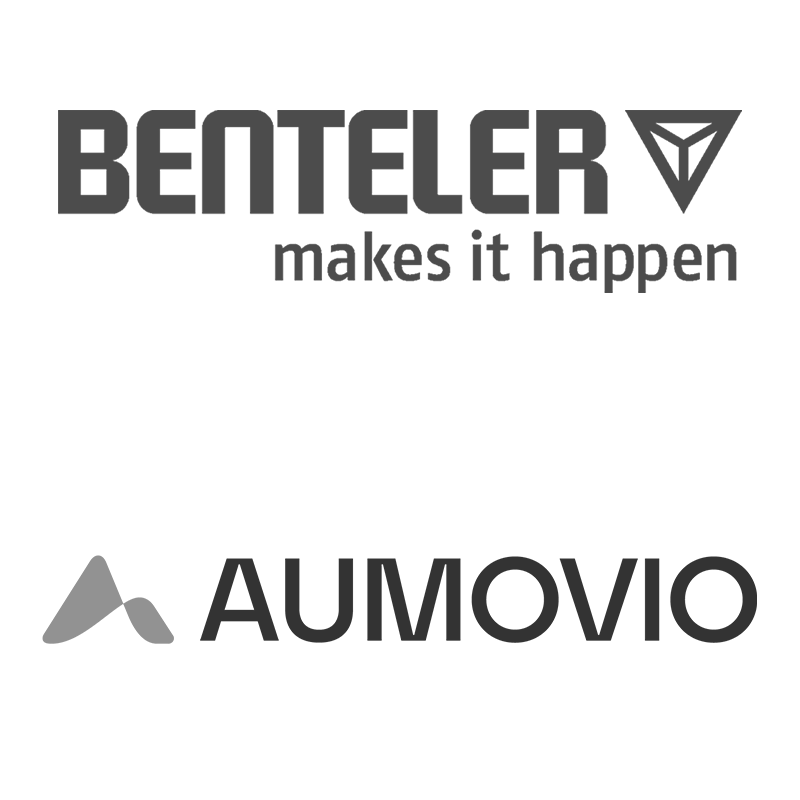 Two company logos: BENTELER with makes it happen and a triangle symbol above; AUMOVIO with a stylized A symbol on the left.