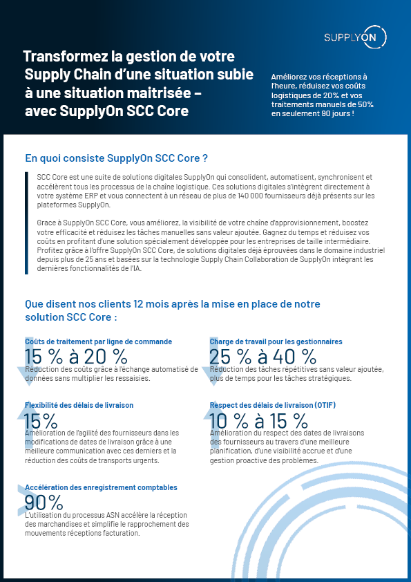A French-language infographic describes the benefits and features of SupplyOn SCC Core for supply chain management, highlighting efficiency gains and positive client feedback statistics.