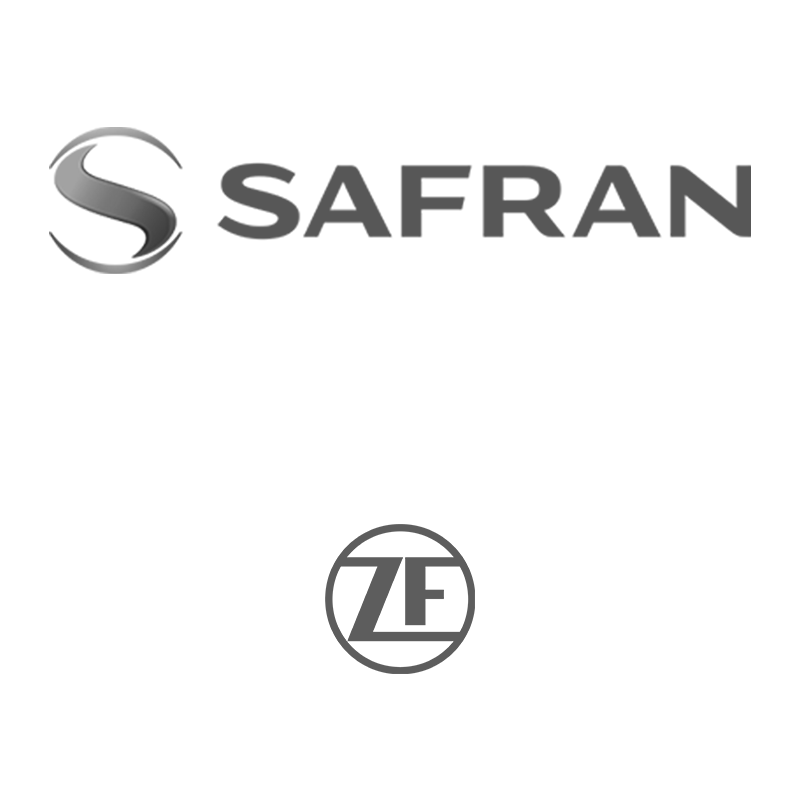 Logos of Safran and ZF; Safran logo appears at the top with stylized S and text, ZF logo appears below as a circular emblem with ZF letters inside.