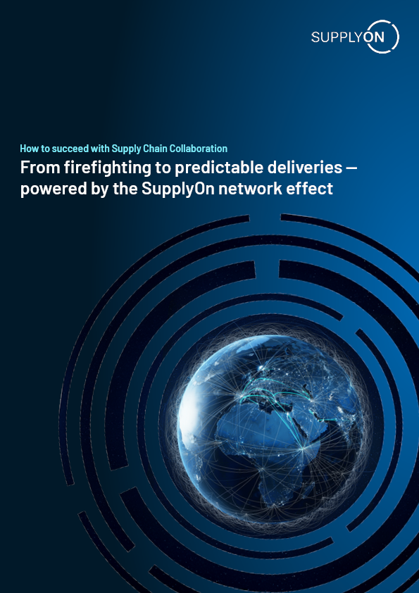 Cover page featuring the SupplyOn logo, a digital globe, and the title: From firefighting to predictable deliveries — powered by the SupplyOn network effect.