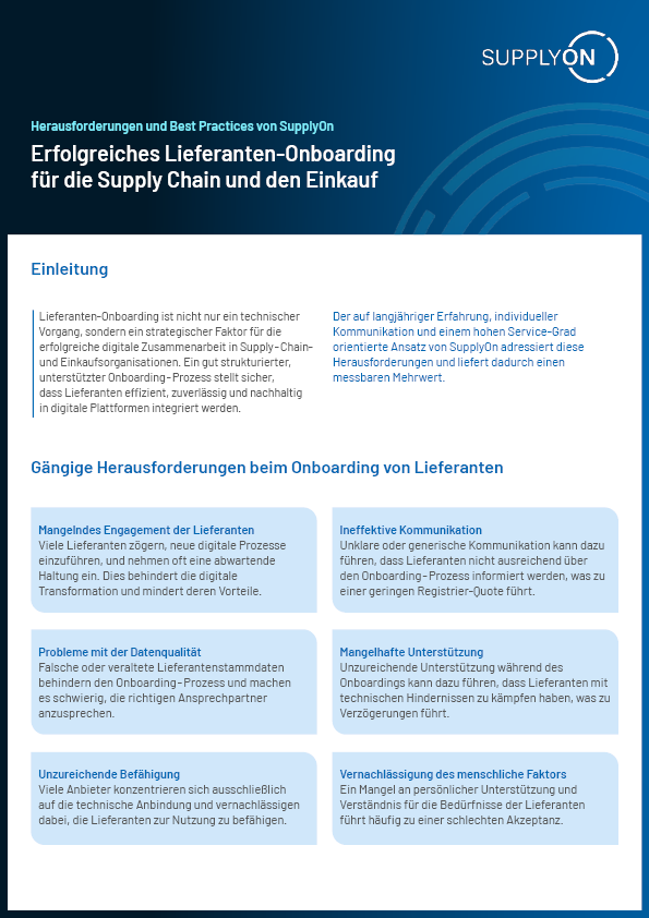 Informational graphic detailing challenges and best practices for supplier onboarding in supply chain and procurement, including communication, data quality, integration, and support.