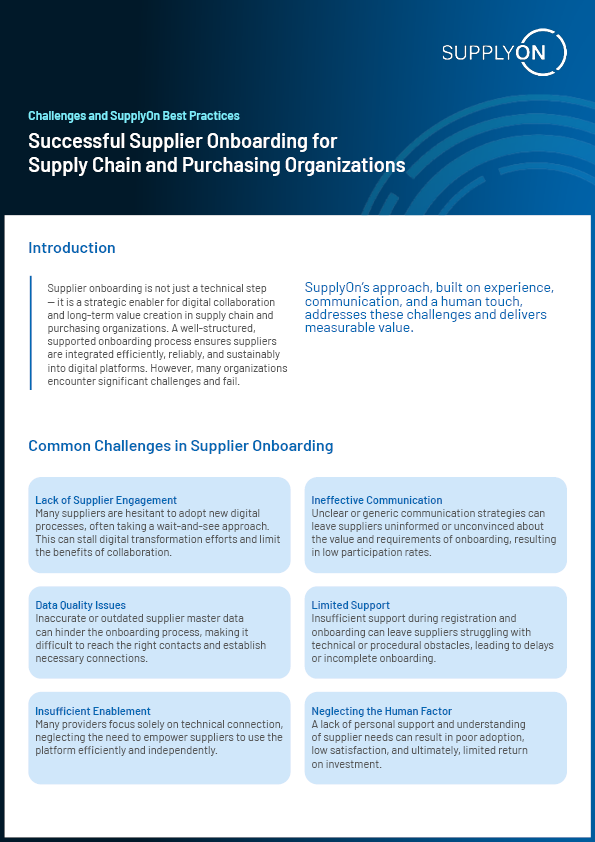 An infographic titled Successful Supplier Onboarding for Supply Chain and Purchasing Organizations lists common challenges and outlines approaches to improve supplier onboarding.