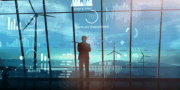 A person stands before large windows with digital data and charts projected, representing business analytics and supply chain management concepts.