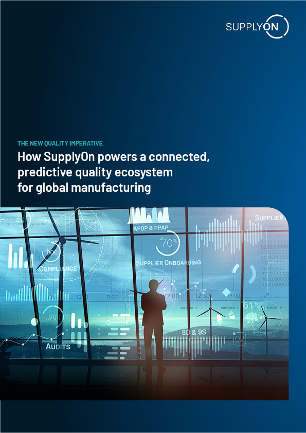 A person stands before large digital screens displaying analytics and graphs, with text about SupplyOns predictive quality ecosystem for global manufacturing.