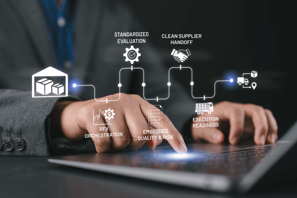 A person uses a laptop, with a digital overlay illustrating a five-step supply chain process: RFX Orchestration, Standardized Evaluation, Embedded Quality & Risk, Execution Readiness, Clean Supplier Handoff.