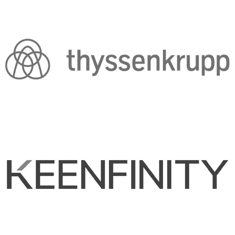Logos of two companies: thyssenkrupp with a stylized circular icon above the name, and KEENFINITY with bold, modern lettering below.