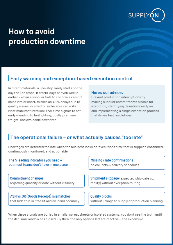 Infographic titled How to avoid production downtime explains early warning systems and outlines key causes of operational failure, such as late confirmations and quality blocks, to help prevent line-stops.