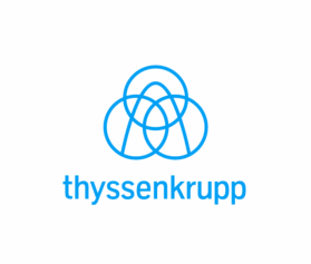 The image shows the thyssenkrupp logo with blue interlocking curved lines above the company name written in lowercase blue letters on a light gray background.