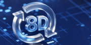 Glossy 8D text with circular arrows on a blue digital background, representing an 8D problem-solving or process improvement concept.